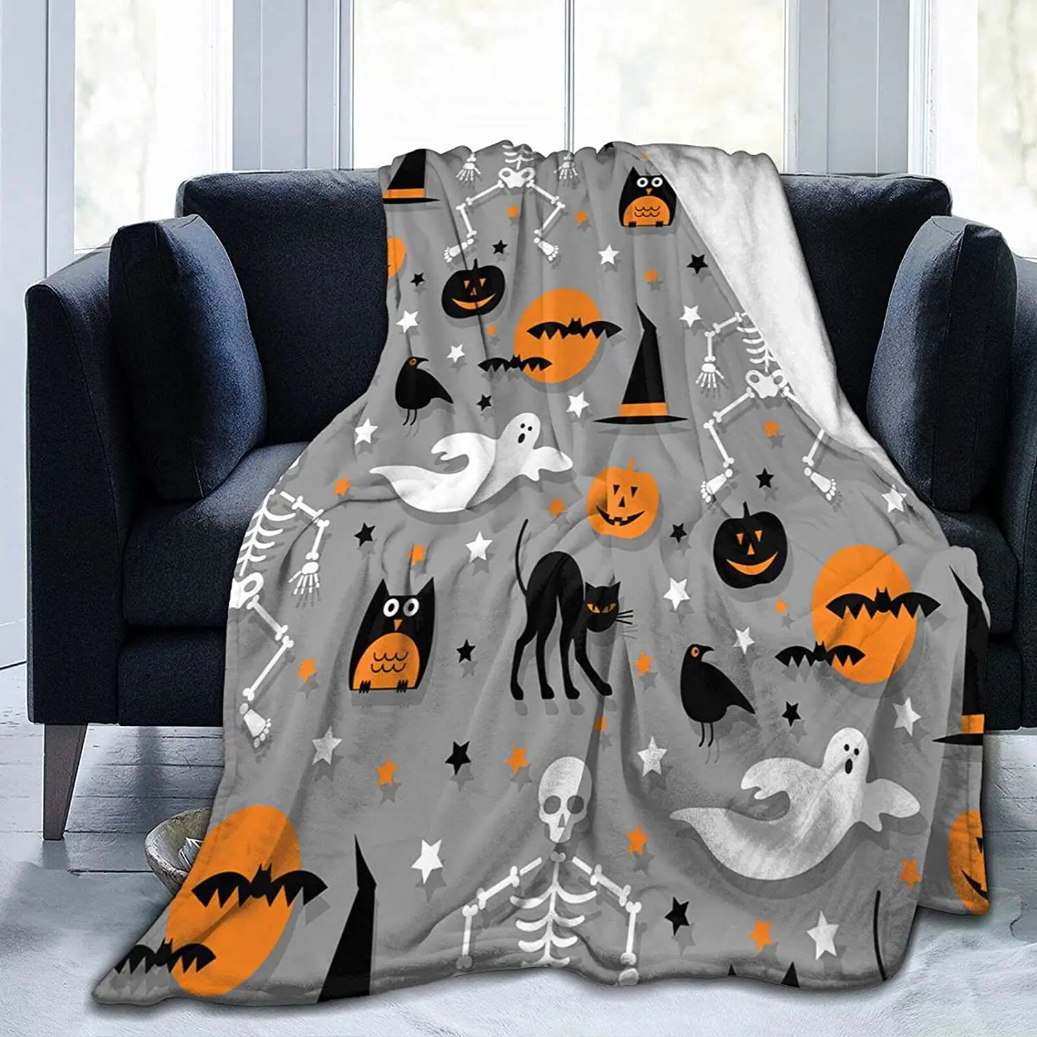 

Одеяло для Хэллоуина, покрывало в виде тыквы на Хэллоуин, привидение, скелет, черные кошки, летучие мыши, серое одеяло, мягкое удобное Флисов...