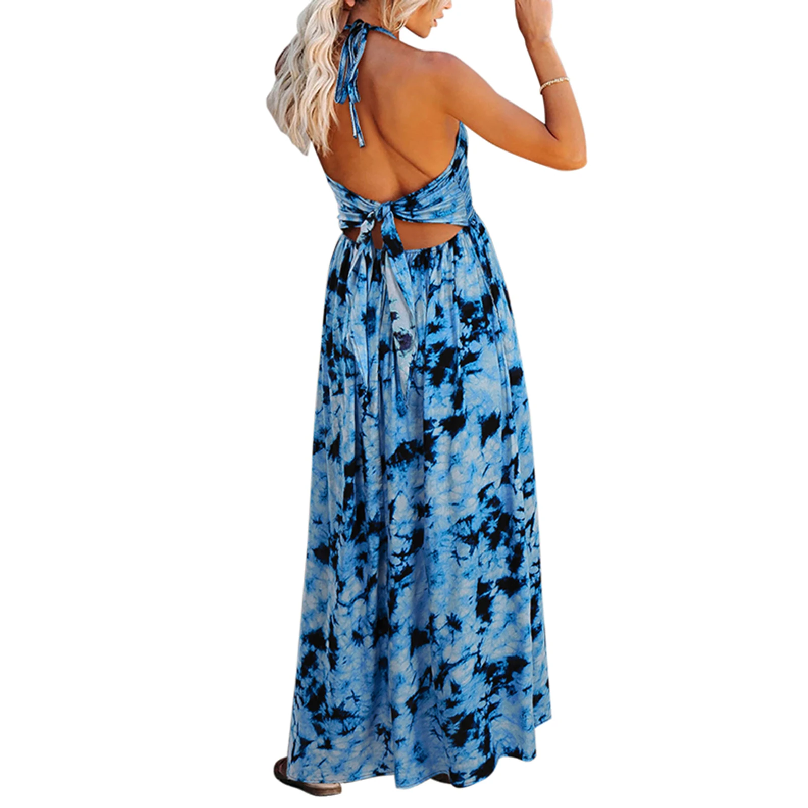 

Sexy V Neck Women Halter Sleeveless Long Dress Backless Print Summer Ruffle Fashion Female Beach Party Dresses 2021 New