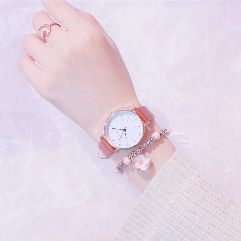 Простые Модные женские кварцевые часы 2019 Ulzzang брендовые свежие розовые кожаные