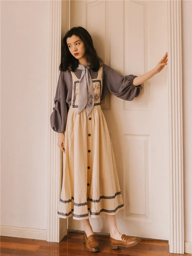 

Tea Dress Women Two-piece suit female 2021 new girl college style spring French retro suspender dress and blouse set fashion