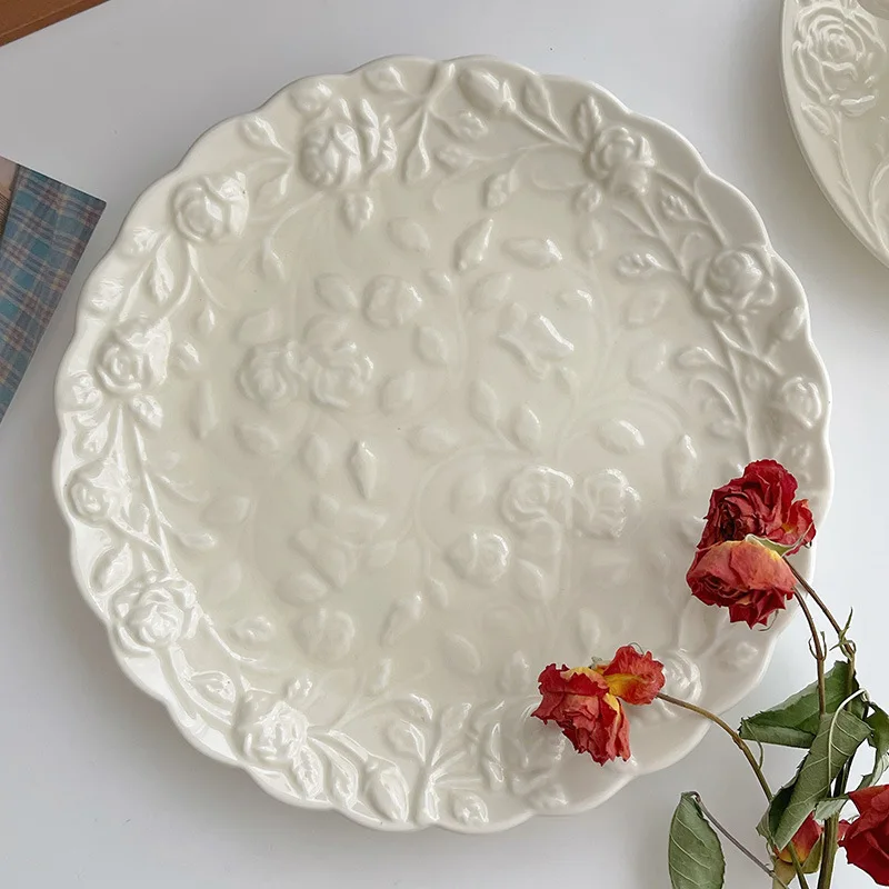 

Pure White Rose Coffee Cup and Plate Set French Small Luxury Exquisite Retro Rose Relief Ceramic Plate French Elegance