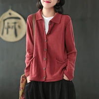 2021 cotton knit cardigan early autumn new style retro loose wild lapel long sleeved shirt women