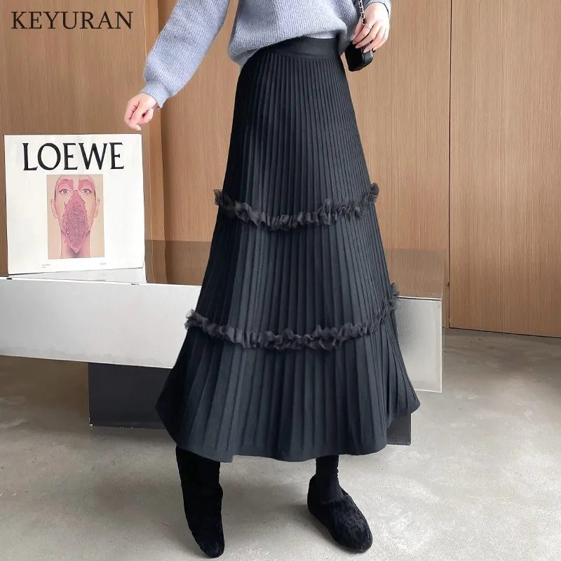 2021 Autumn Winter Women Knitted Skirt Korean Casual Ruffles Solid Gray A Line High Waist Pleated Midi Long Female Ladies | Женская