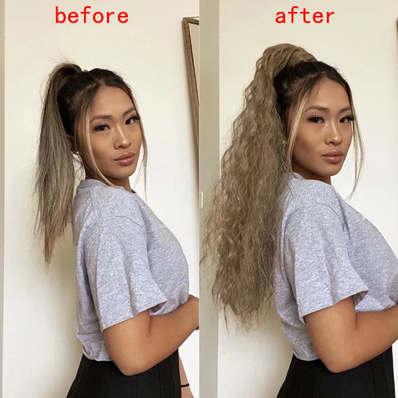 

WERD Curly Long Ponytail Synthetic Hairpiece Wrap on Clip Hair Extensions Ombre Brown Pony Tail Blonde Hair