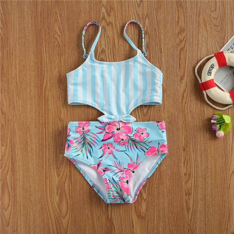 

Kid Baby Girl Bikini Swimsuit One-piece Stripe Pattern Hollow Out Top Flower Printed Shorts Swimwear Swimming Bathing Suit Bebe