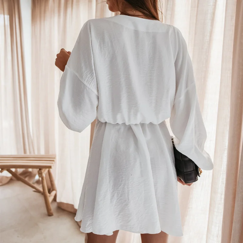 

Office Lady Elegant Solid V-Neck Party Dress 2021 Summer Women Fashion Casual Long Sleeve Mini Dresses Loose Beach Dress Vestido