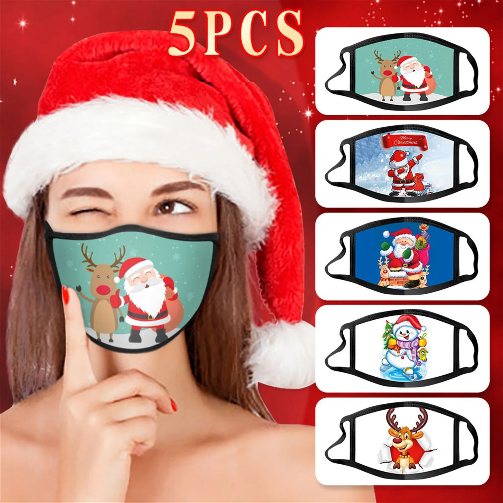

5pcs Adult Masks Christmas Mascarillas Printed Masque Breathable Reusable Washable Protective Face Masks Unisex Dust-proof Mouth