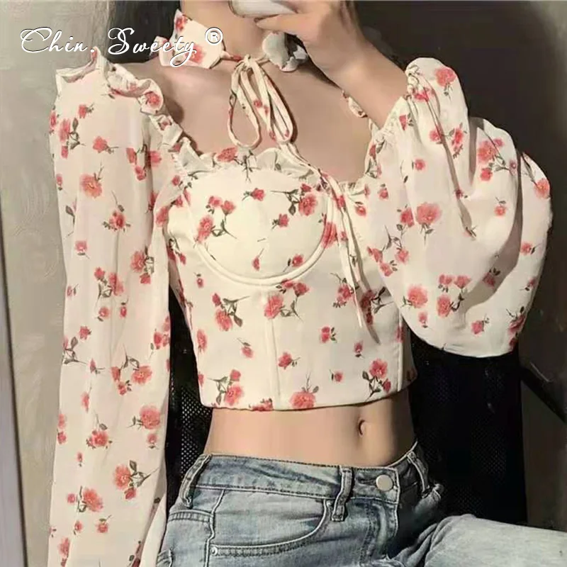 

Women's Floral Print Short Chiffon Tops Square Collar Puff Sleeve Female Sweet Blouse Summer Ladies Casual Pink Crop Blouses