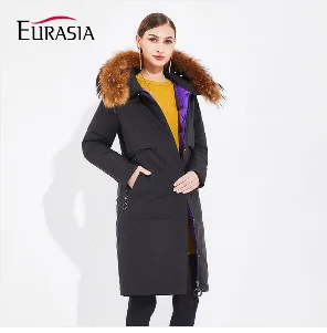Женская длинная зимняя куртка EURASIA, новая брендовая стильная парка с воротником из натурального меха, плотная верхняя одежда с капюшоном, Y170022, зима