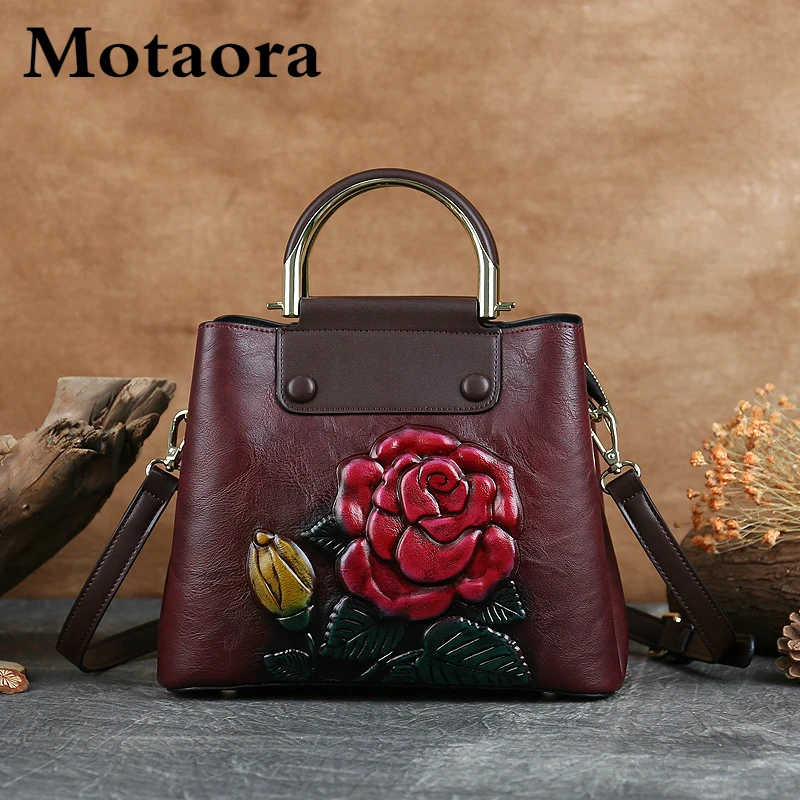 

MOTAORA Vintage Women Shoulder Bag 2021 New Retro Leather Top-handle Bags Women Handmade Embossed Chinese Style Tote Bag Ladies