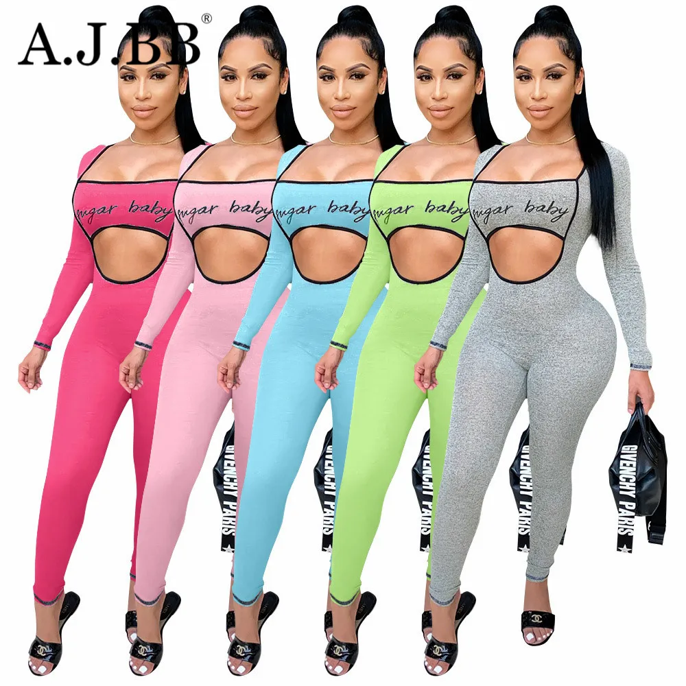 

Autumn 2020 new fashion solid color printed Jumpsuit casual slim fit square collar long sleeve women's top and pants