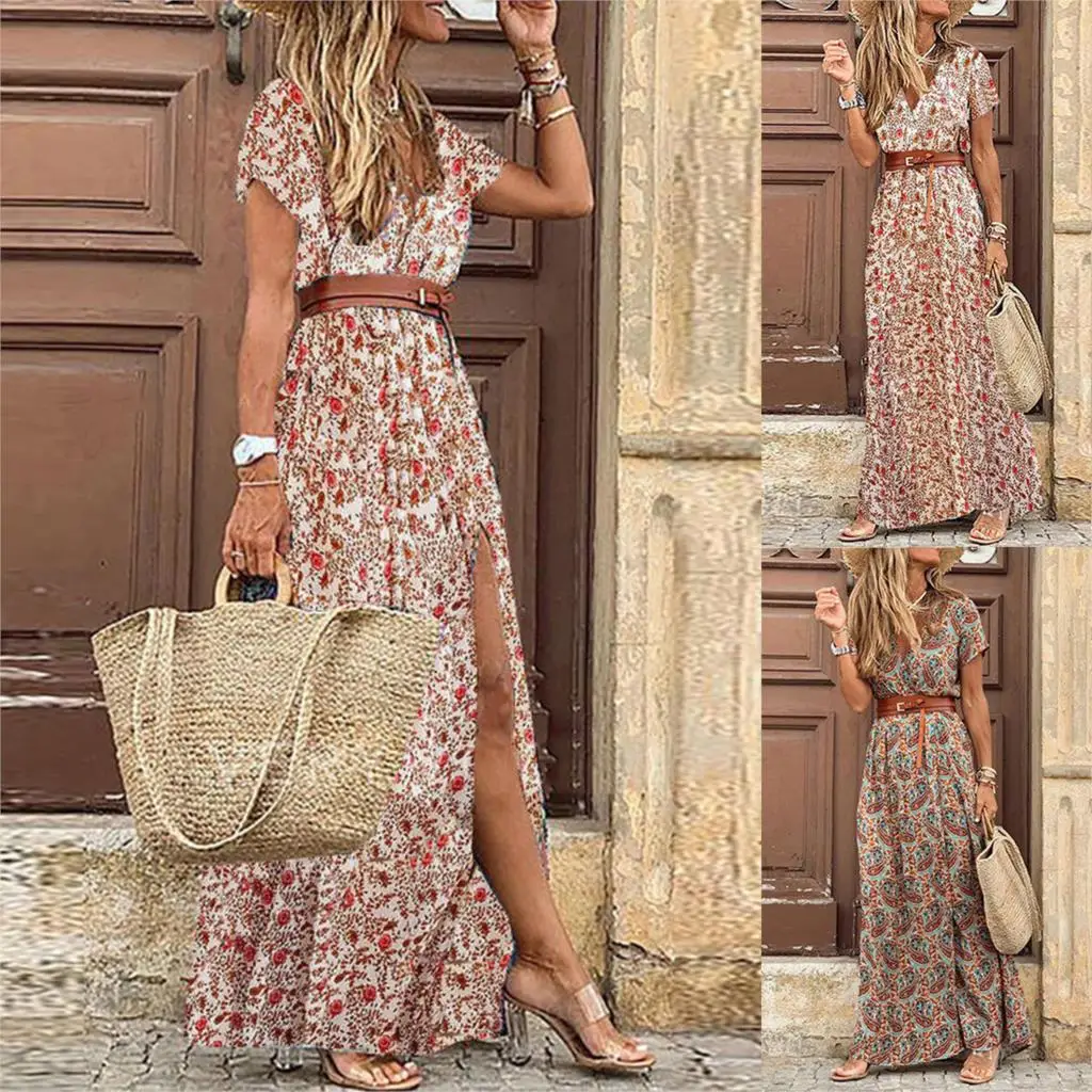

2020 Summer Beach Maxi Dress Women Floral Print Boho Long Dress Casual V-Neck Split Sexy Party Dress Robe Femme