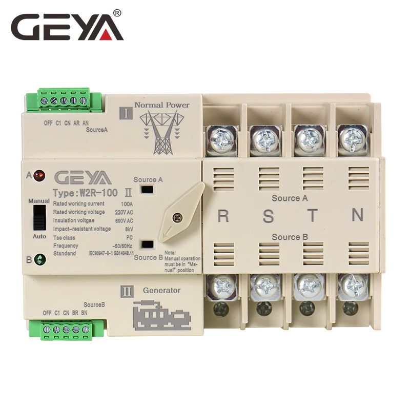 GEYA Din Rail 4P ATS электрический выключатель двойной питания ручной 220 В катушка Max 100A