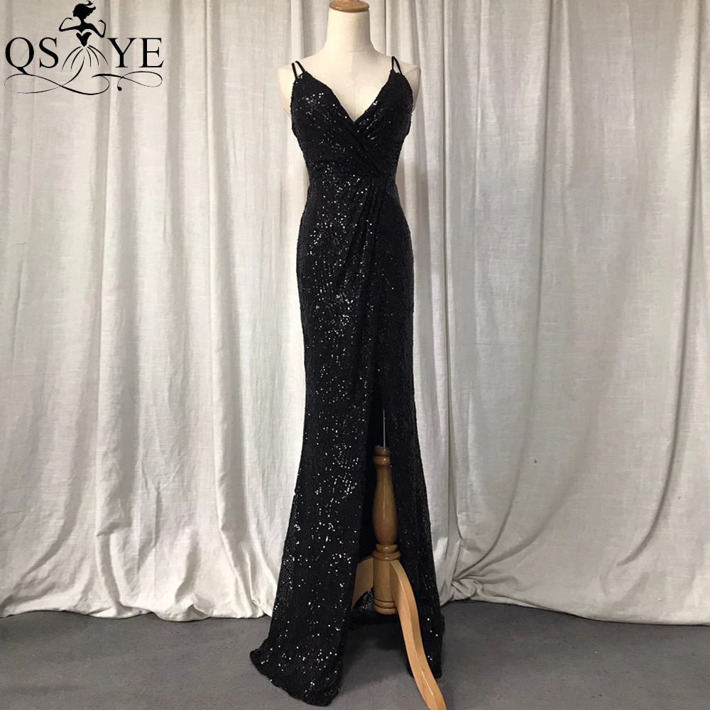 

Sexy Black Sequin Evening Dresses Open Split Deep V Neck Prom Gown Shoulder Straps Party Formal Dancer Black Prom Dress Chic