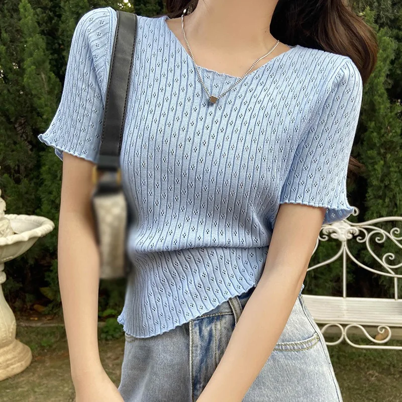 

Jlong Summer Sexy Hollow Crochet Top Short Knit Top Round Neck Wooden Ears Short Sleeve Tshirt