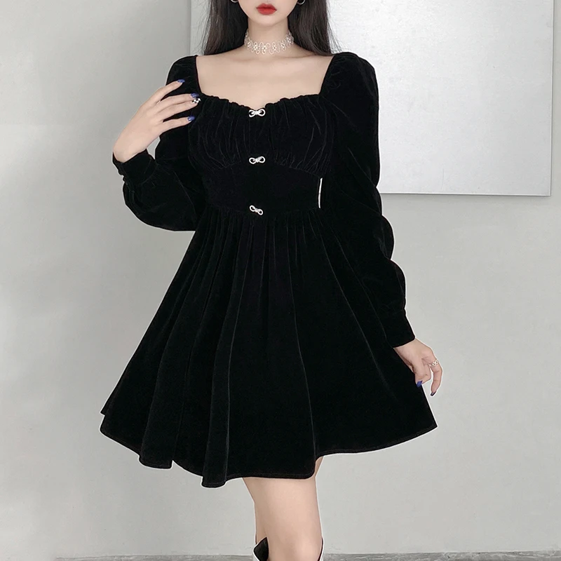 

Ladies Autumn Temperament Short Dress, Girls Solid Color Square Collar Puff Long Sleeve Slim Ruched A-line Skirt Evening Wear