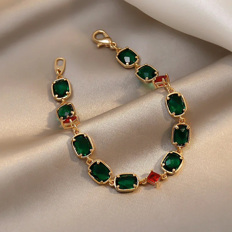 

Vintage Luxury Green Crystal Geometric Stainless Steel Gold Chain Bracelet Women Fashion High Quality Cuff Bracelet Jewelry Gift