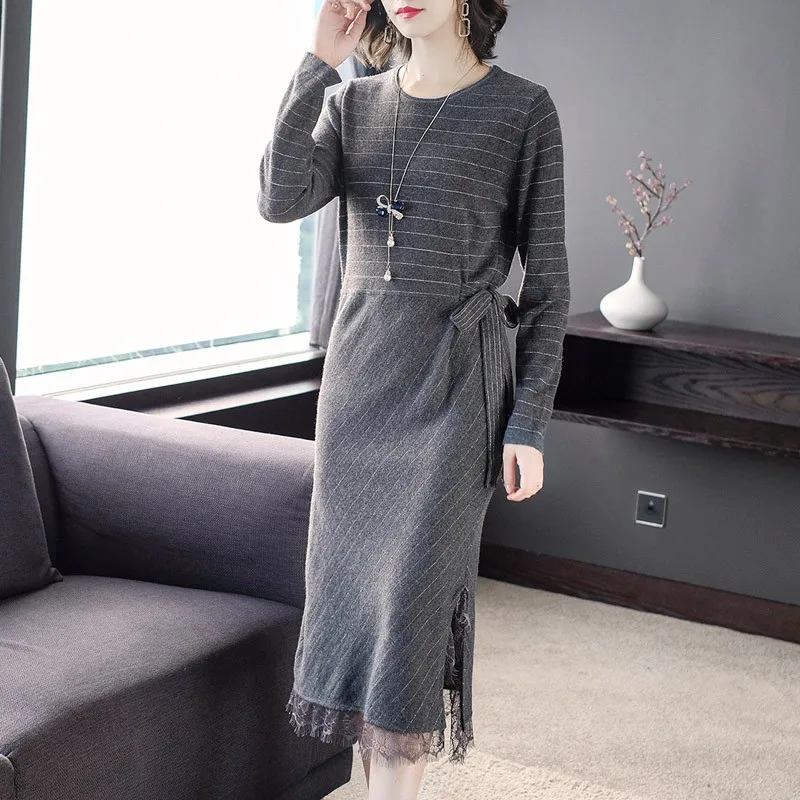 Новинка 2019 корейское осенне-зимнее платье-свитер элегантное женское платье с