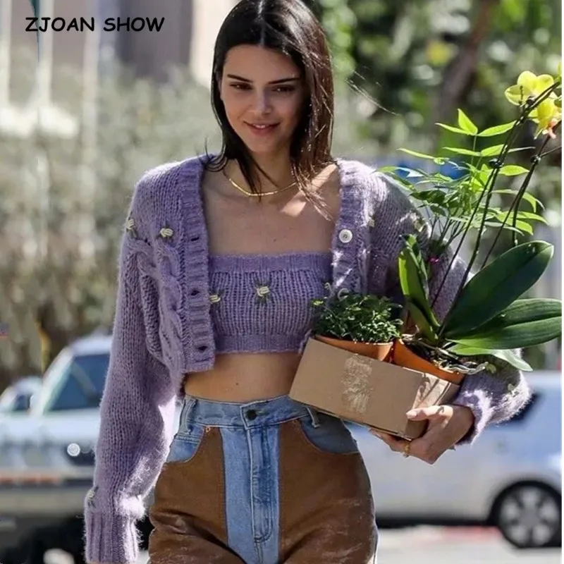 

1 set 2020 Spring Korea Style Vintage Embroidery Flower Cardigan Tank Top V neck Single-breasted Button Knitted Sweater Jumper