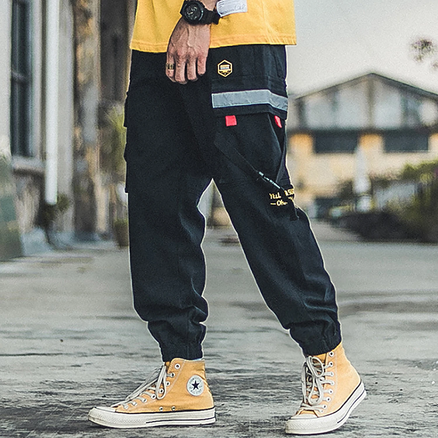 Брюки-карго мужские составного кроя с множеством карманов и лентами