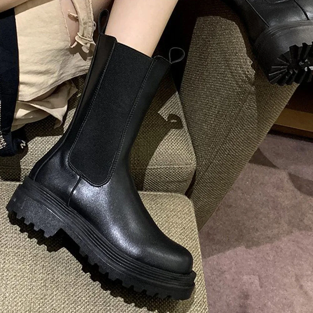 

SARAIRIS Brand Girl Consise Boots Round Toe Casaul Daily Slip On Mid Calf Boots Women Winter Solid Platform Shoes Woman