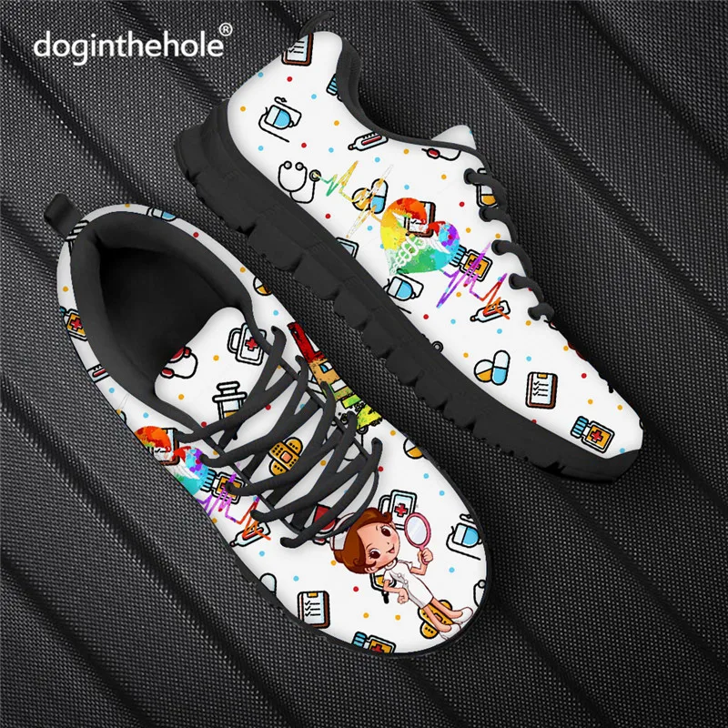 

Doginthehole Women Fashion Cartoon Nurse Shoes Medical Pattern Lace-up Sneaker Autumn Hospital Casual Flat Shoe Tennis female