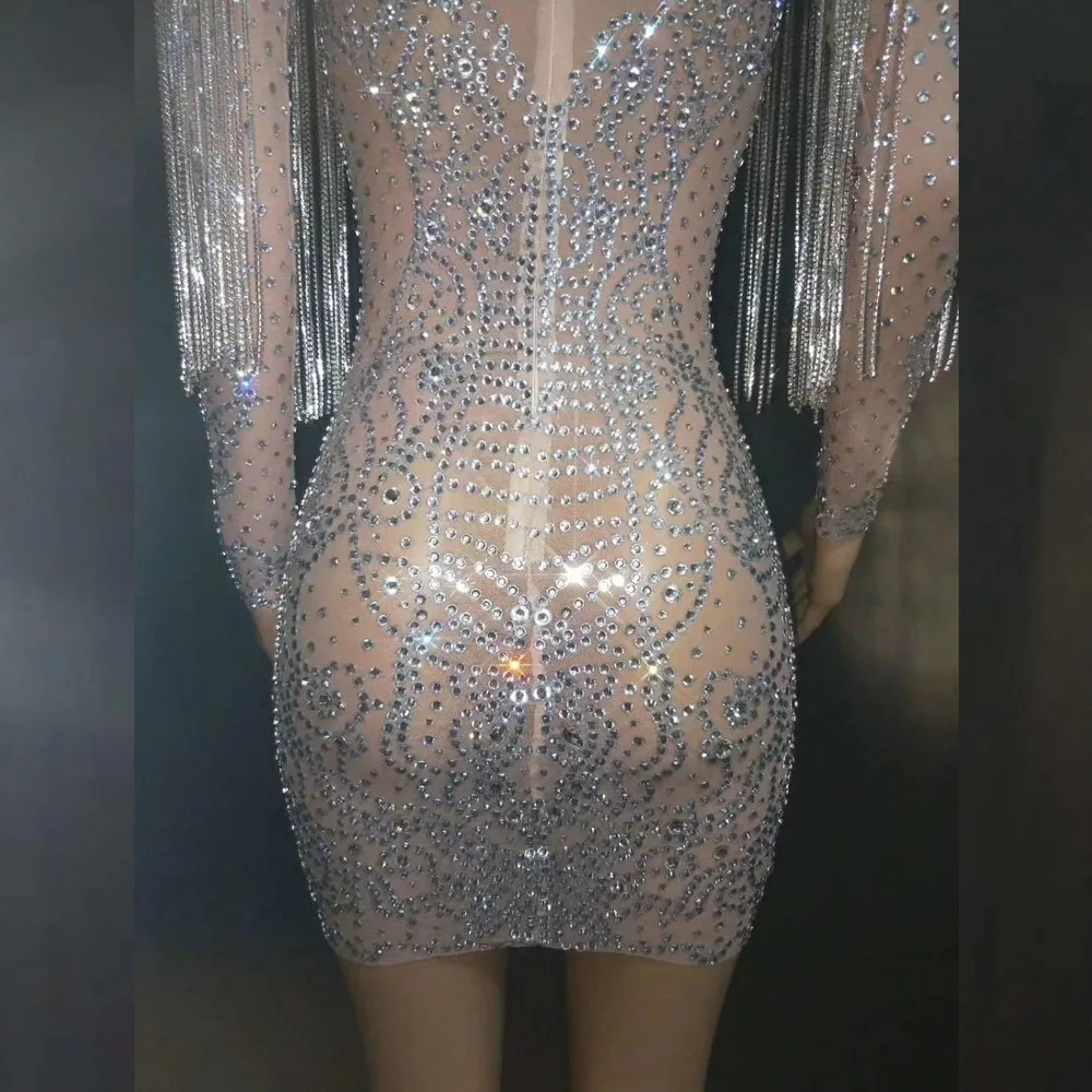 

Luxury Shining Women Rhinestone Tassel Short Dress Sexy Women Prom Mesh Perspective Skinny Dress Nightclub Singer Stage Costumes