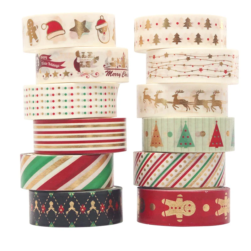 12Pcs/Set Christmas Washi Tapes Snowflake Reindeer Stripes Kawaii Masking Stickers Stationery Scrapbooking School Supplies | Канцтовары