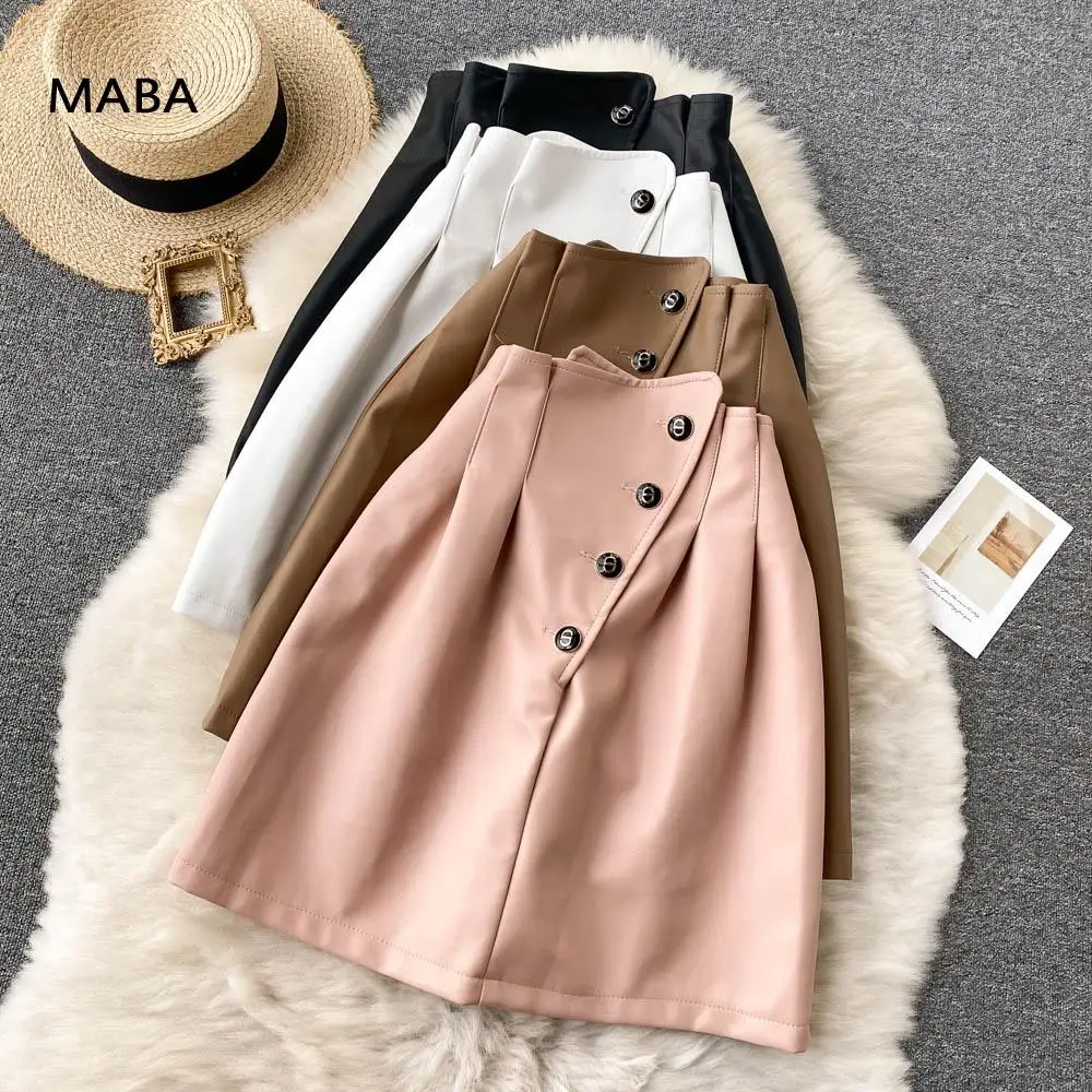 

2021 Autumn Winter Women Pu Leather A-line Skirt High Waist Solid Color Button Fashion Temperament Mini Faux Leather Skirt