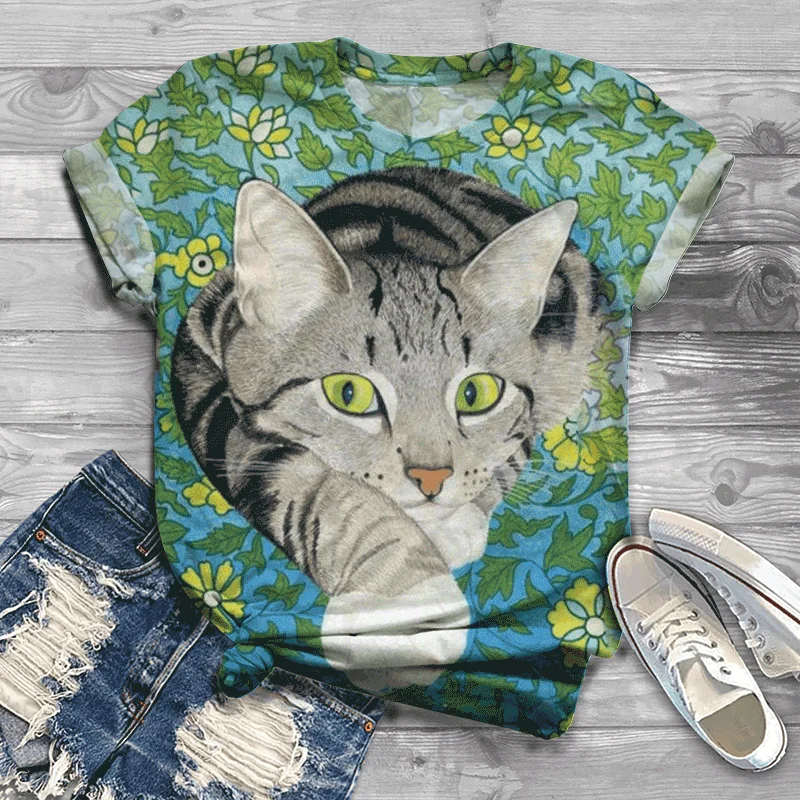 

Europe And The United States 2021 Ladies Tops Fashion Popular Outdoor Cute Animal Head Casual Printing T-shirt Women