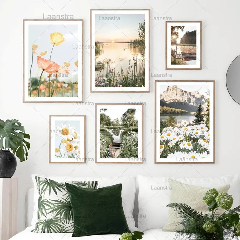 

Daisy Poppy Flower Lake Boat Summer Dawn Wall Art Canvas Painting Nordic Posters and Prints Wall Pictures for Living Room Decor