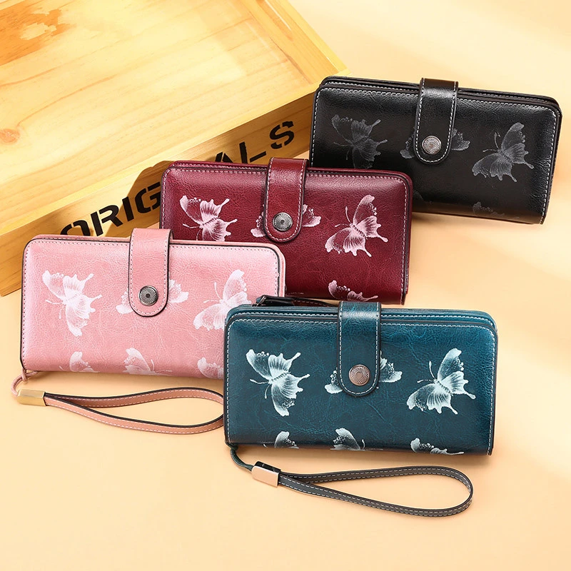 

Women Clutch Wallet Butterfly Genuine Leather Female Coin Purse Portomonee Clamp For Phone Bag Long Lady Handy Card Holder