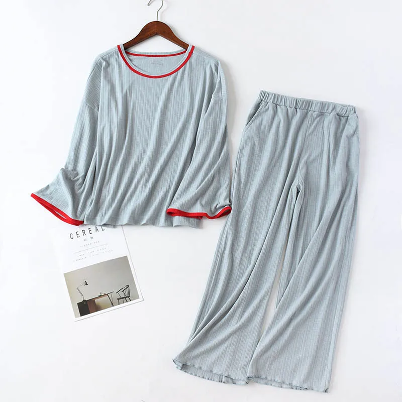 grey blue Женский пижамный комплект из 2 предметов топ+ брюки Повседневный хлопоковый домашний большой размер свободный костюм пижама из тонкой ткани женская одежда для сна - Цвет: grey blue