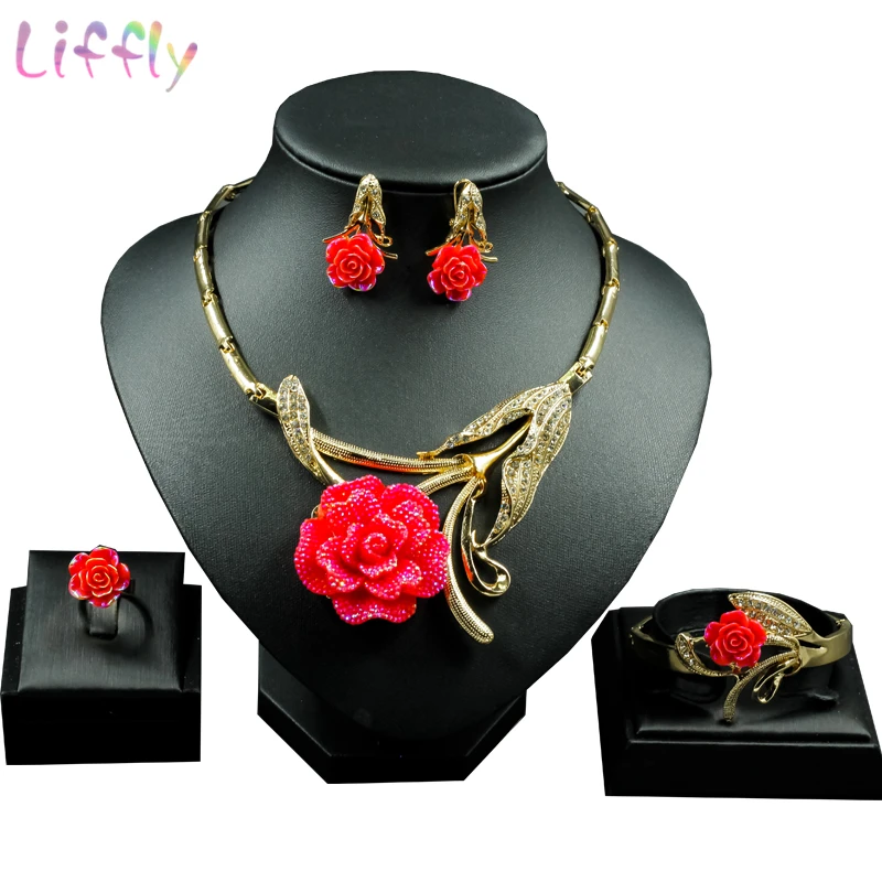 Женский ювелирный комплект из колье и серёг с красной желтой розой|crystal jewelry