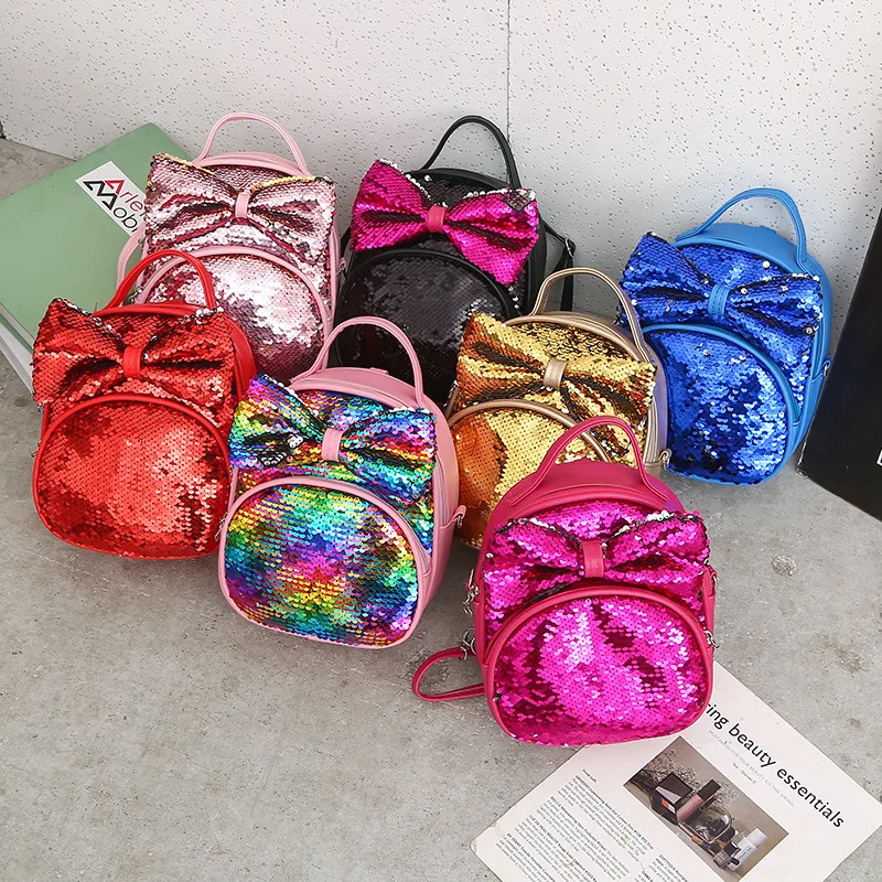 

Children's sequin bow bag new Princess rainbow backpack lovely bow Sequin backpack boys and girls schoolbag KBG013