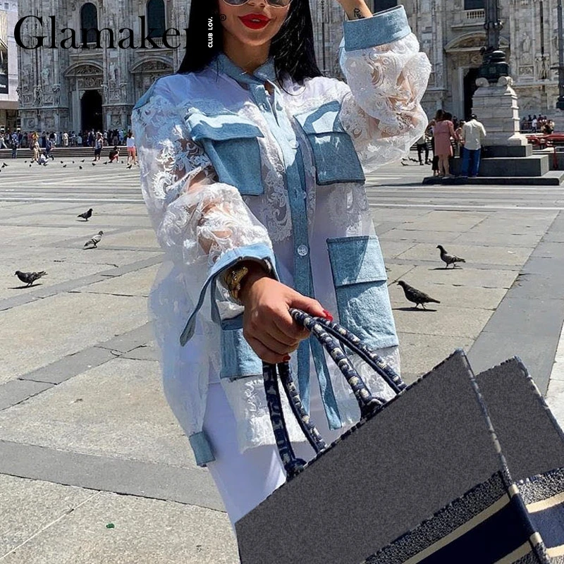 Гламурная Сексуальная Лоскутная джинсовая Прозрачная кружевная блузка Женская