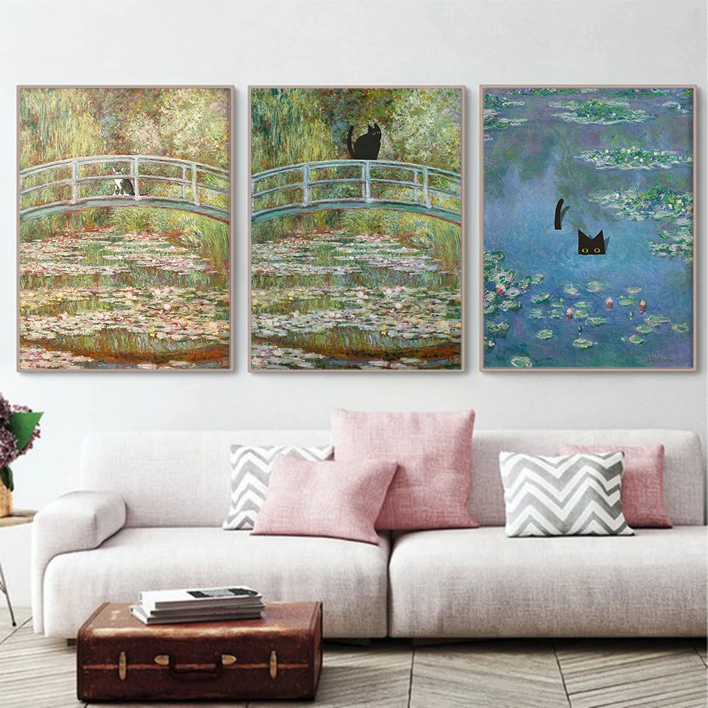 

Claude Monet Waterlily Cat Posters and Prints Pond Bridge Cats Canvas Painting Modern Wall Pictures for Living Room Home Decor