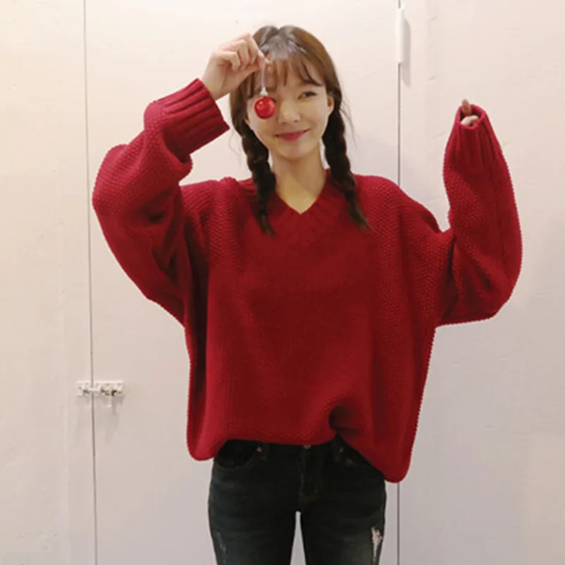 Осень 2020 Новинка Свободный вязаный свитер для девушек с V-образным вырезом и
