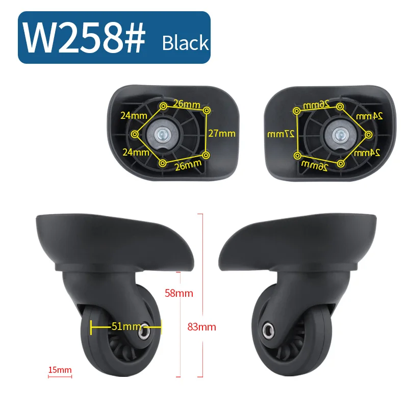 W258(2 Wheels)Black Чемодан Замена колеса ремонт фитинг чемодан тяга коробка оборудование Замена аксессуары 360 Универсальные ролики - Цвет: W258(2 Wheels)Black