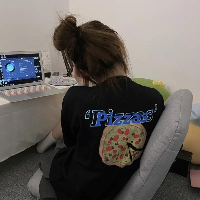 Женская футболка с коротким рукавом и принтом пиццы Свободный Топ в Корейском