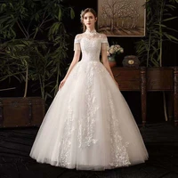 wedding dress embroidery beading short sleeves empire lace up elegant floor length new plus size wedding gowns for women g261