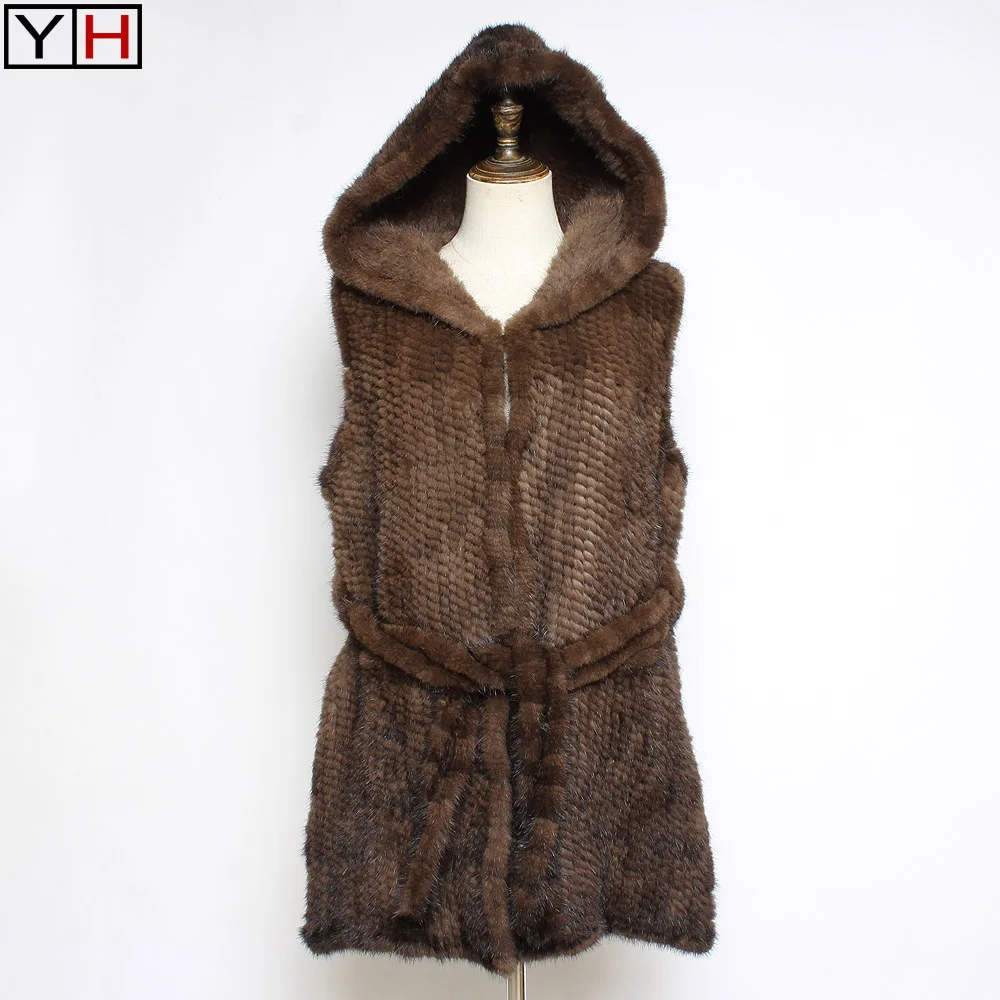 Женский Зимний вязаный жилет из натурального меха норки с капюшоном мягкий 100%