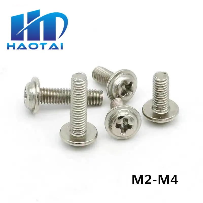 10/50pc M2 M2.5 M3 M4 304 A2 Stainless Steel PWM DIN967 Cross Phillips Pan Round Truss Head With Washer Padded Collar Screw Bolt