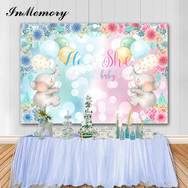 

InMemory Cute Elephant Gender Reveal Backdrop Blue or Pink Flower Baby Shower Photography Background Balloon Party Banner 7X5FT