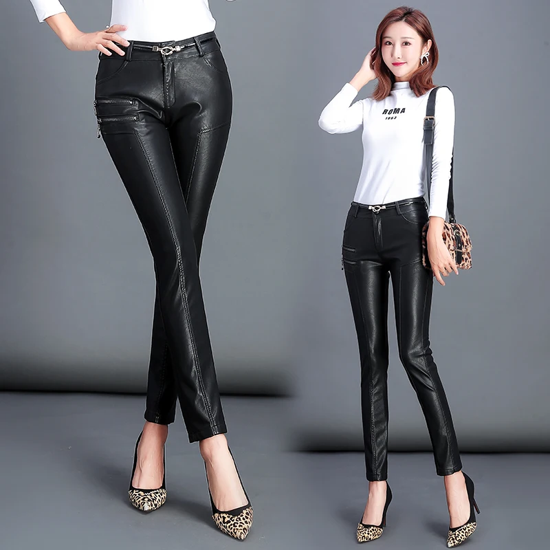 Демисезонные черные кожаные брюки женские модные облегающие Женские длинные