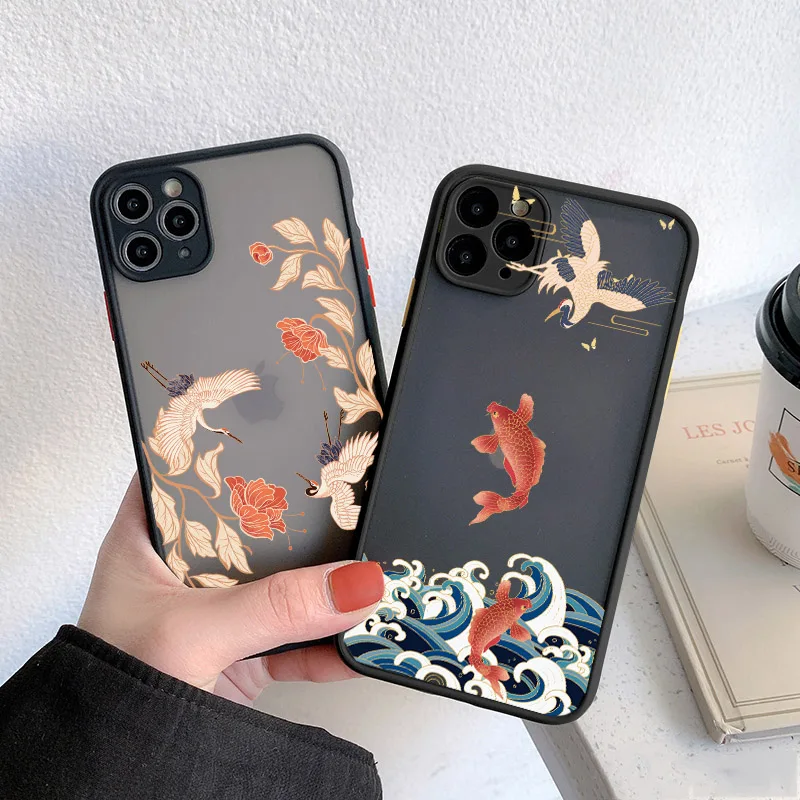 Crane and Koi Chinese style Phone Cases For iPhone 11 12 14 13 Pro Max For iPhone 8 7 Plus SE2 XR XS Max X Shockproof Back Cover