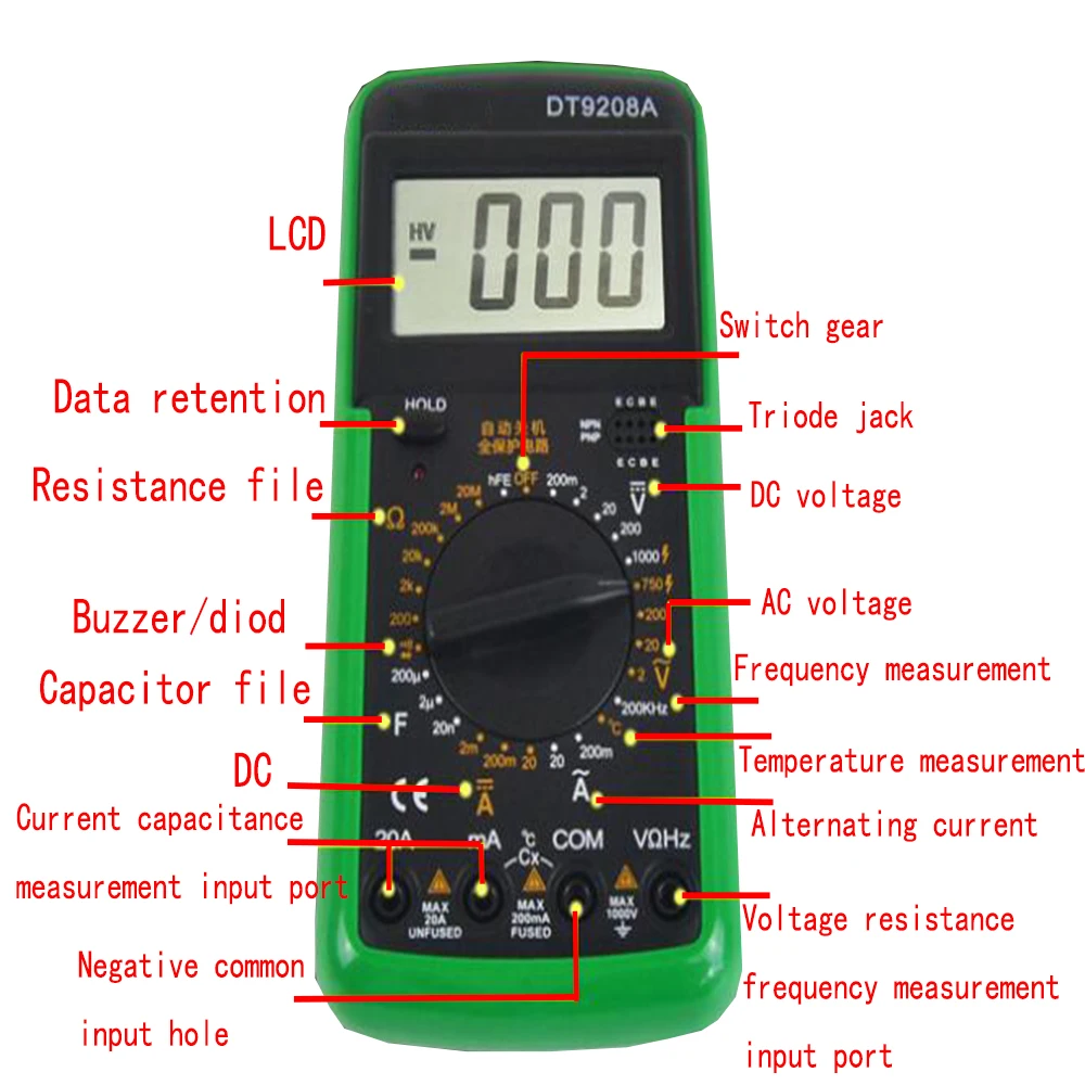 Портативный Профессиональный цифровой мультиметр DT9208A с ЖК-дисплеем
