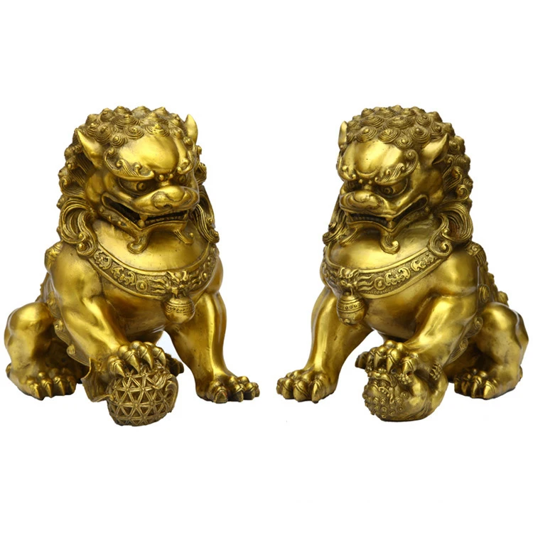 

LAOJUNLU Pair Of Pure Copper Lions Feng Shui Ornaments Protection Family Evil Spirits Phlegm