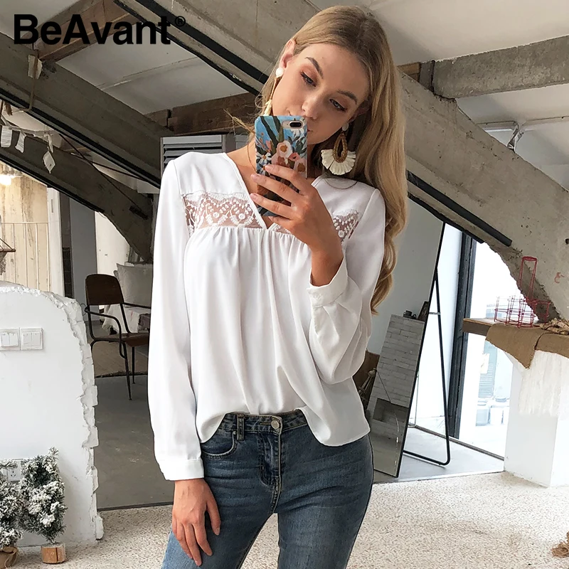 Женская кружевная блузка BeAvant белая Повседневная Блузка с длинным рукавом и