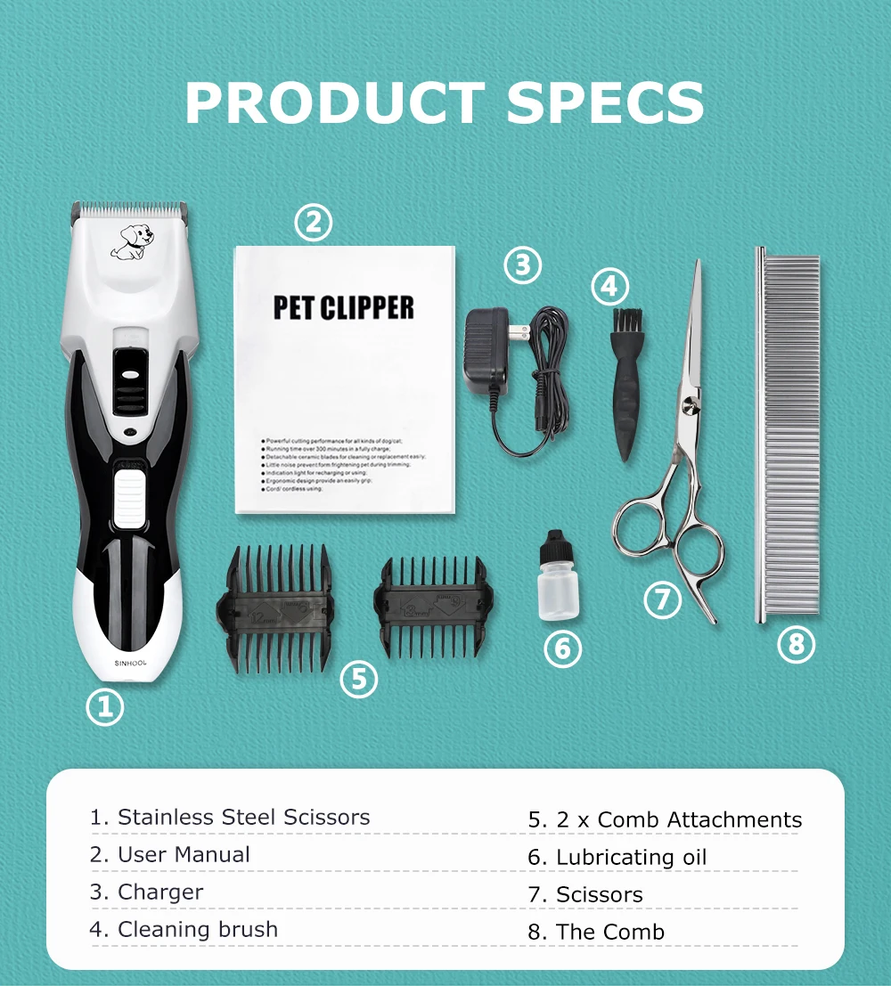 

SINHOOL Professional Pet Hair Clipper for Pet/Cat/Dog/Rabbit) Electric Hair Trimmer White Rechargeable Haircut Shaver Set Tool